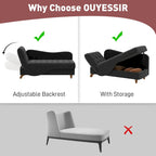 Chaise longue capitonnée en velours avec rangement et accoudoir réglable