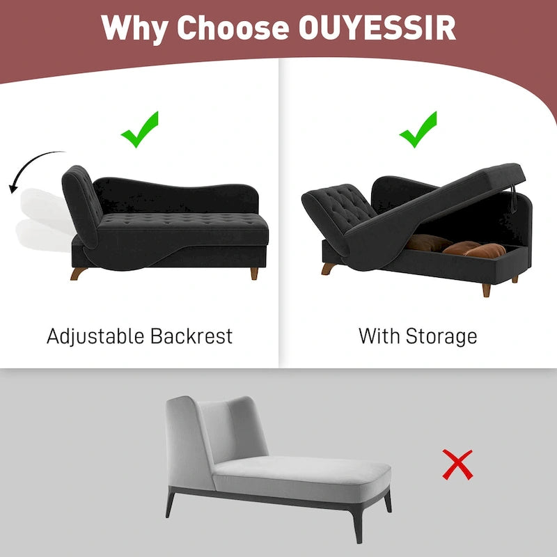 Chaise longue capitonnée en velours avec rangement et accoudoir réglable