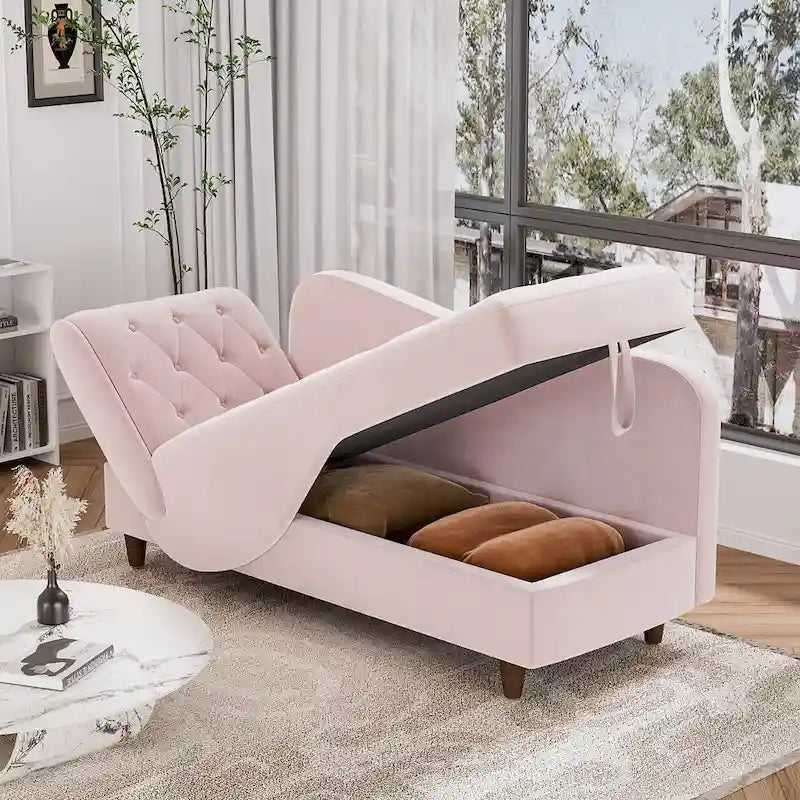 Chaise longue capitonnée en velours avec rangement et accoudoir réglable