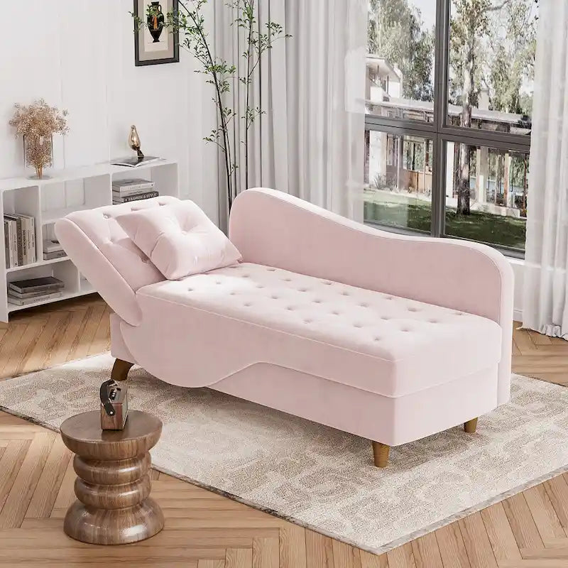 Chaise longue capitonnée en velours avec rangement et accoudoir réglable