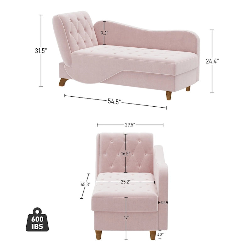 Chaise longue capitonnée en velours avec rangement et accoudoir réglable