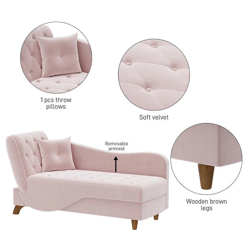 Chaise longue capitonnée en velours avec rangement et accoudoir réglable
