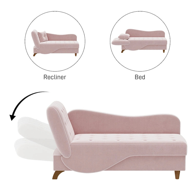 Chaise longue capitonnée en velours avec rangement et accoudoir réglable