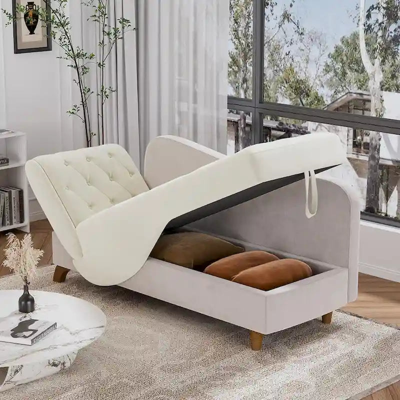 Chaise longue capitonnée en velours avec rangement et accoudoir réglable