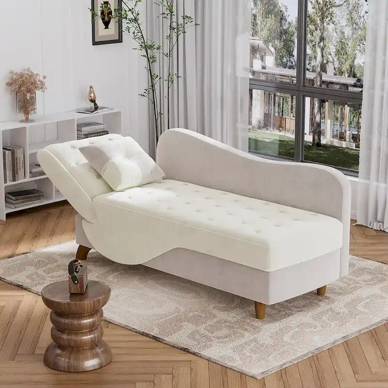 Chaise longue capitonnée en velours avec rangement et accoudoir réglable