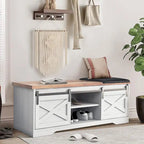 Banc de rangement pour chaussures avec portes coulissantes de style grange, siège rembourré, étagères réglables, blanc et gris