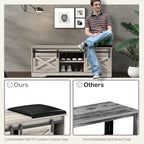 Banc de rangement pour chaussures avec portes coulissantes de style grange, siège rembourré, étagères réglables, blanc et gris