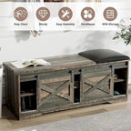 Banc de rangement pour chaussures avec portes coulissantes de style grange, siège rembourré, étagères réglables, blanc et gris