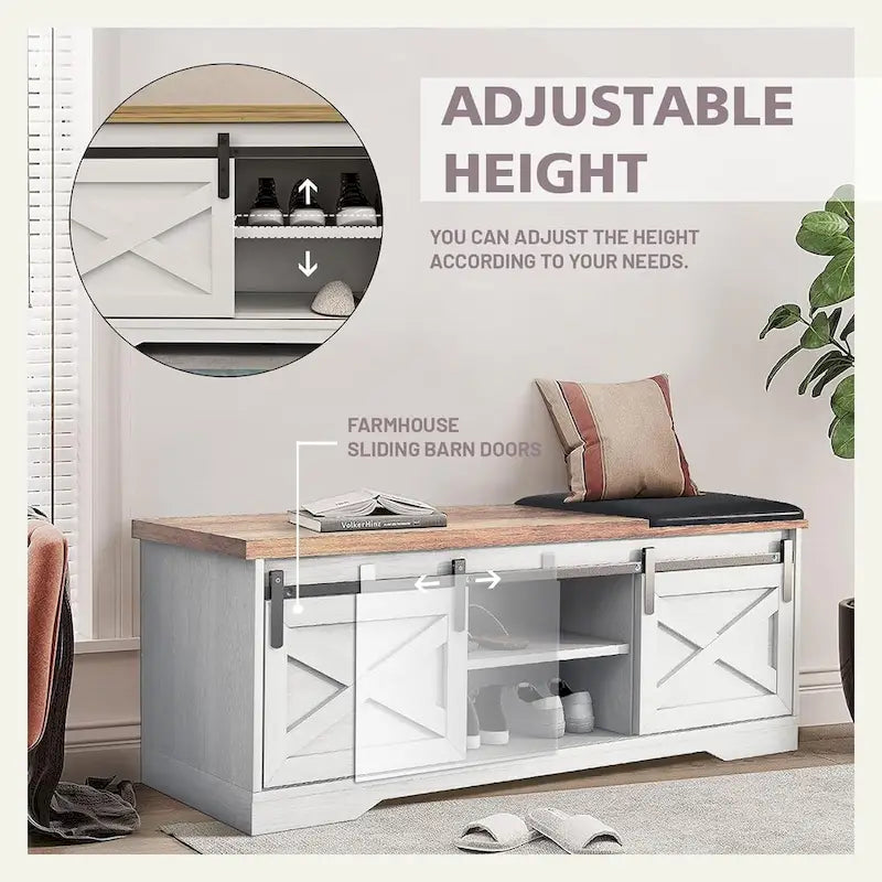 Banc de rangement pour chaussures avec portes coulissantes de style grange, siège rembourré, étagères réglables, blanc et gris