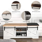 Banc de rangement pour chaussures avec portes coulissantes de style grange, siège rembourré, étagères réglables, blanc et gris