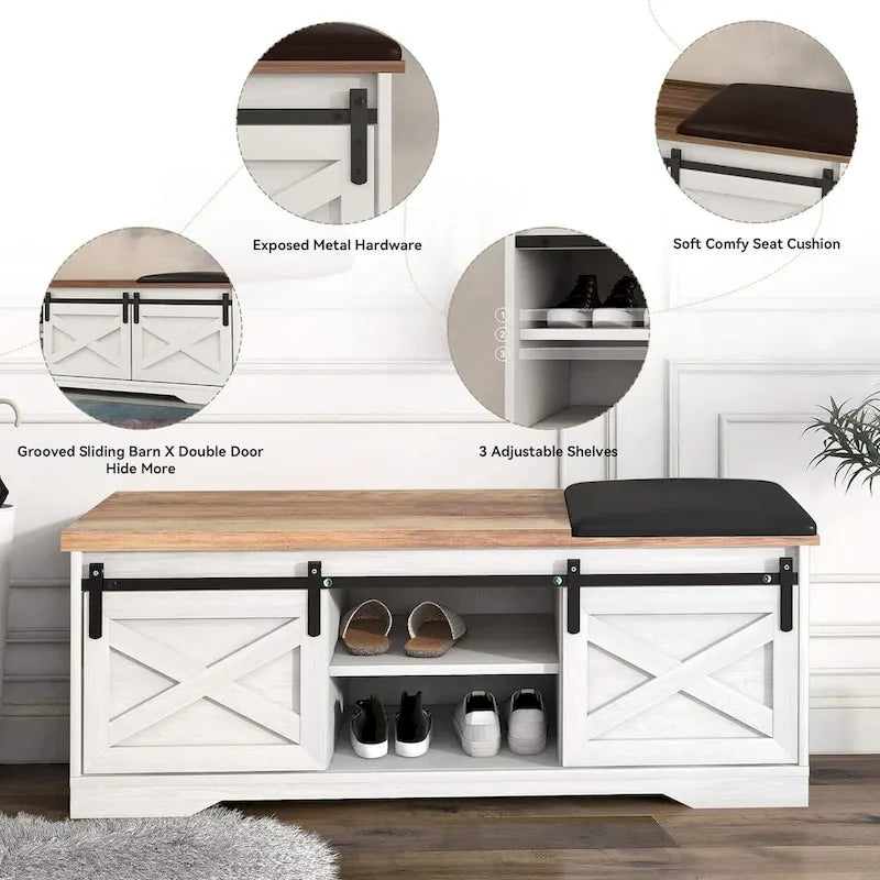 Banc de rangement pour chaussures avec portes coulissantes de style grange, siège rembourré, étagères réglables, blanc et gris