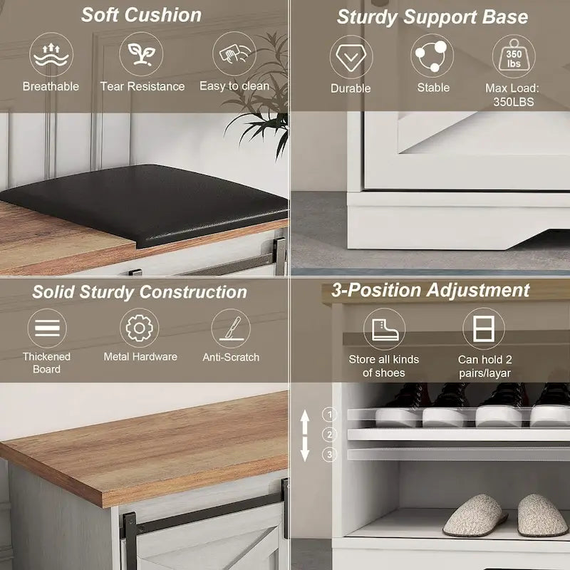 Banc de rangement pour chaussures avec portes coulissantes de style grange, siège rembourré, étagères réglables, blanc et gris