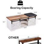 Banc de rangement pour chaussures avec portes coulissantes de style grange, siège rembourré, étagères réglables, blanc et gris