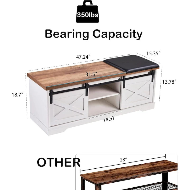 Banc de rangement pour chaussures avec portes coulissantes de style grange, siège rembourré, étagères réglables, blanc et gris