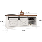 Banc de rangement pour chaussures avec portes coulissantes de style grange, siège rembourré, étagères réglables, blanc et gris