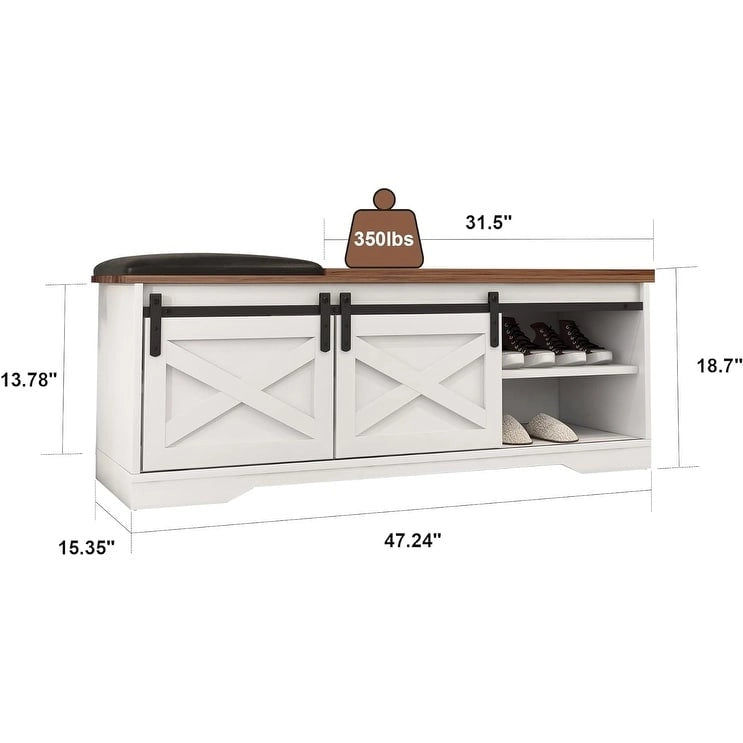 Banc de rangement pour chaussures avec portes coulissantes de style grange, siège rembourré, étagères réglables, blanc et gris