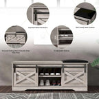 Banc de rangement pour chaussures avec portes coulissantes de style grange, siège rembourré, étagères réglables, blanc et gris