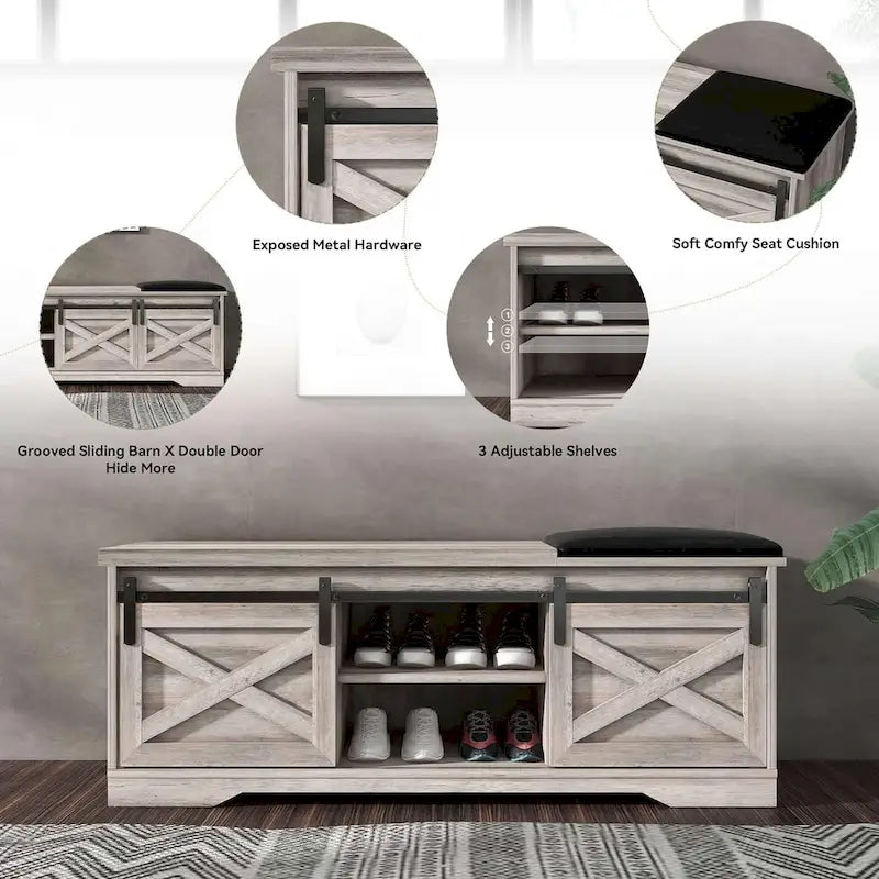 Banc de rangement pour chaussures avec portes coulissantes de style grange, siège rembourré, étagères réglables, blanc et gris