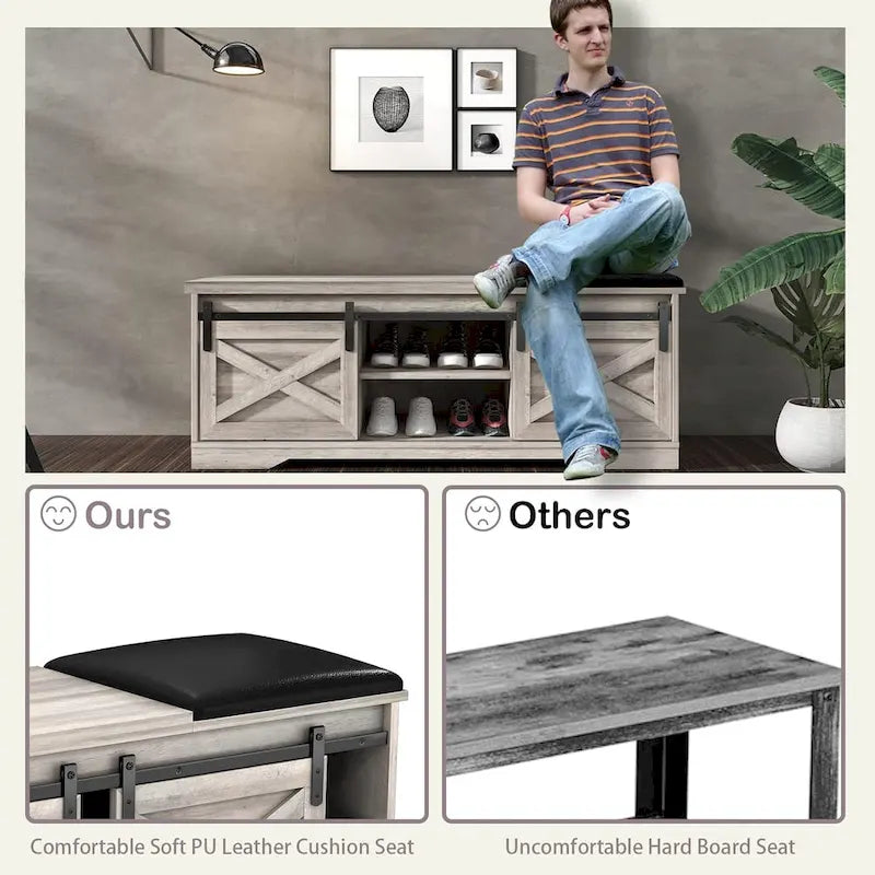 Banc de rangement pour chaussures avec portes coulissantes de style grange, siège rembourré, étagères réglables, blanc et gris