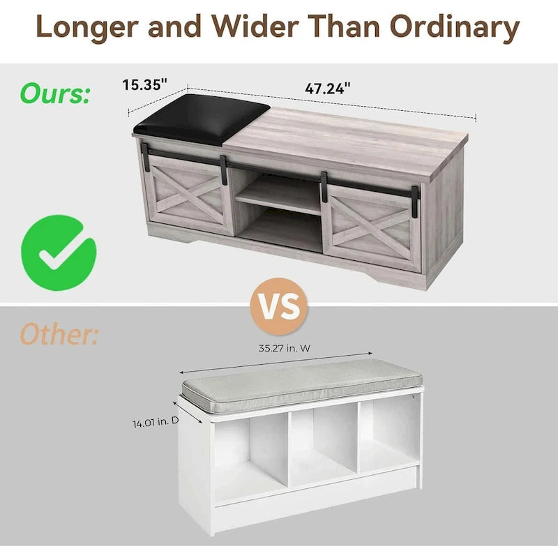 Banc de rangement pour chaussures avec portes coulissantes de style grange, siège rembourré, étagères réglables, blanc et gris
