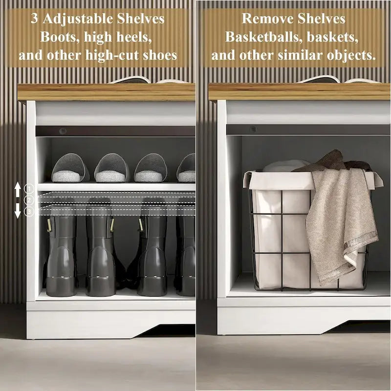Banc de rangement pour chaussures avec portes coulissantes de style grange, siège rembourré, étagères réglables, blanc et gris