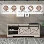 Banc de rangement pour chaussures avec portes coulissantes de style grange, siège rembourré, étagères réglables, blanc et gris