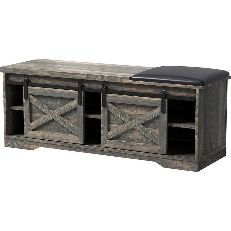 Banc de rangement pour chaussures avec portes coulissantes de style grange, siège rembourré, étagères réglables, blanc et gris