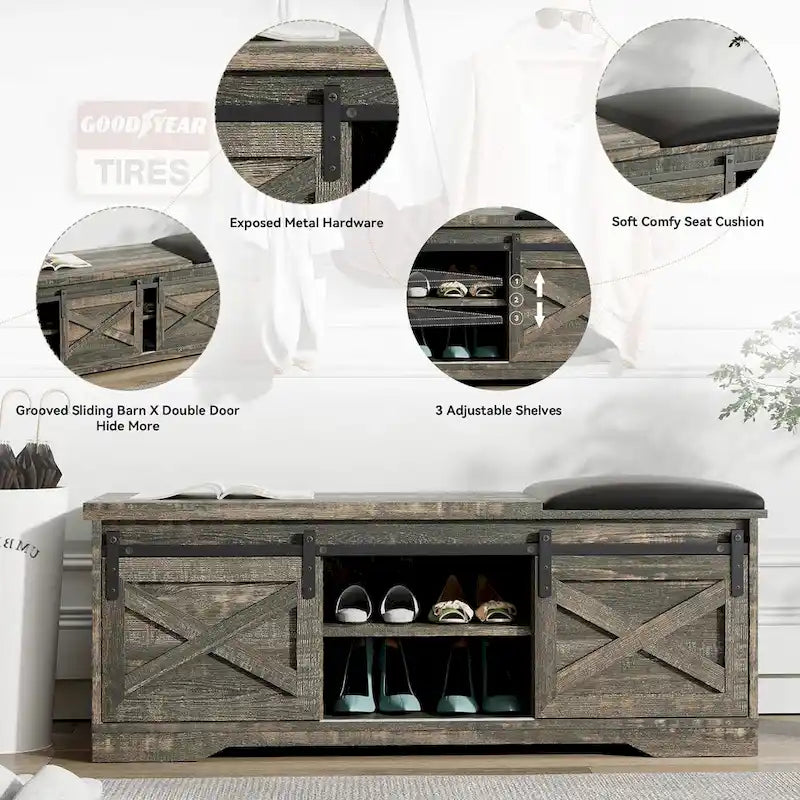 Banc de rangement pour chaussures avec portes coulissantes de style grange, siège rembourré, étagères réglables, blanc et gris