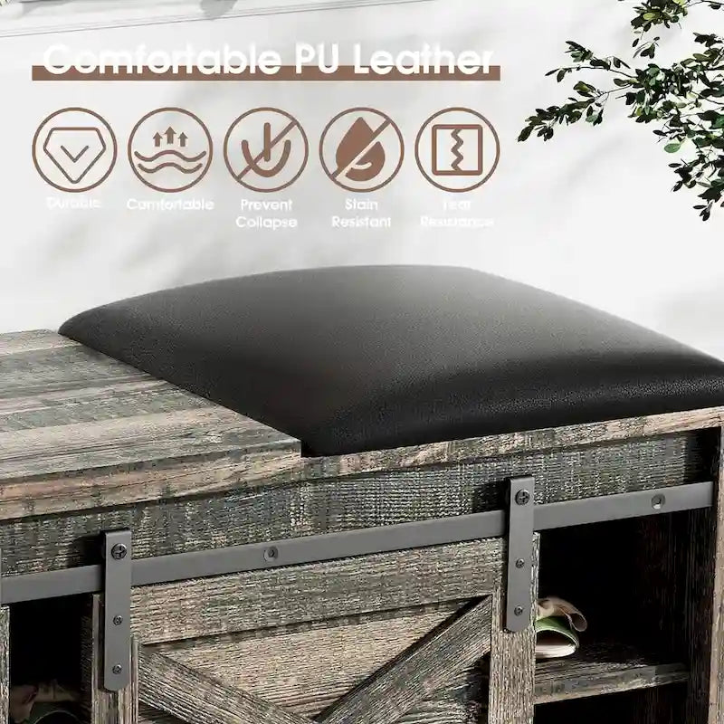 Banc de rangement pour chaussures avec portes coulissantes de style grange, siège rembourré, étagères réglables, blanc et gris