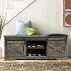 Banc de rangement pour chaussures avec portes coulissantes de style grange, siège rembourré, étagères réglables, blanc et gris