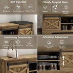 Banc de rangement pour chaussures avec portes coulissantes de style grange, siège rembourré, étagères réglables, blanc et gris