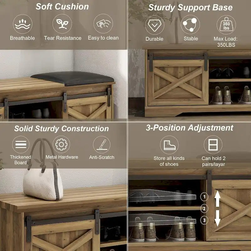 Banc de rangement pour chaussures avec portes coulissantes de style grange, siège rembourré, étagères réglables, blanc et gris