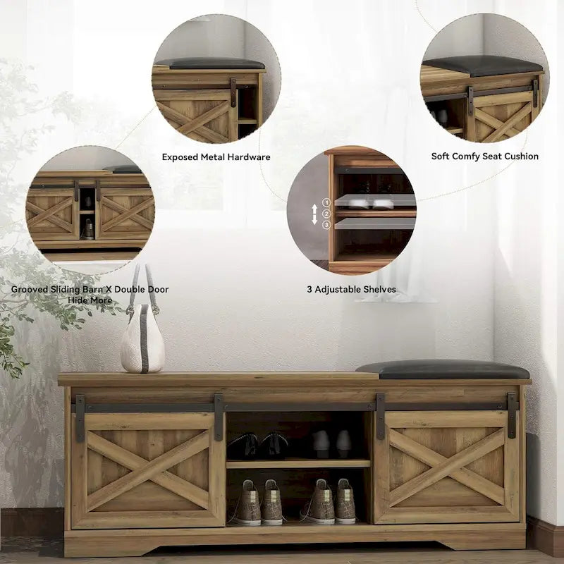 Banc de rangement pour chaussures avec portes coulissantes de style grange, siège rembourré, étagères réglables, blanc et gris