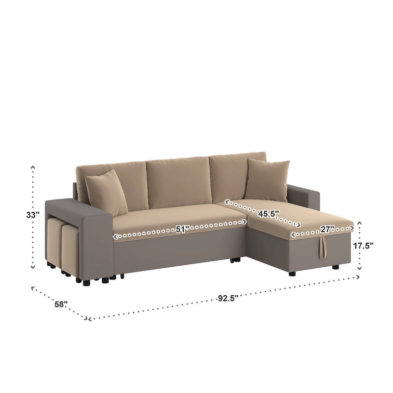 Canapé d'angle convertible bicolore avec coffre de rangement et lit gigogne