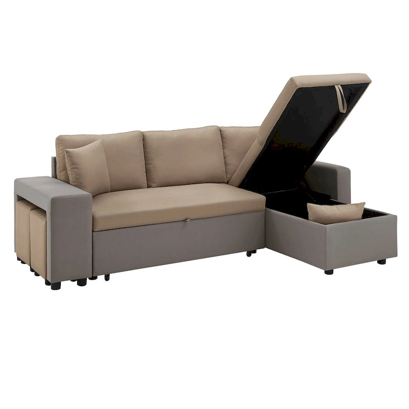 Canapé d'angle convertible bicolore avec coffre de rangement et lit gigogne