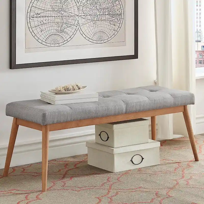 Banc de salle à manger tapissé en chêne, pieds inclinés, assise capitonnée en lin gris anthracite, bleu, rouge