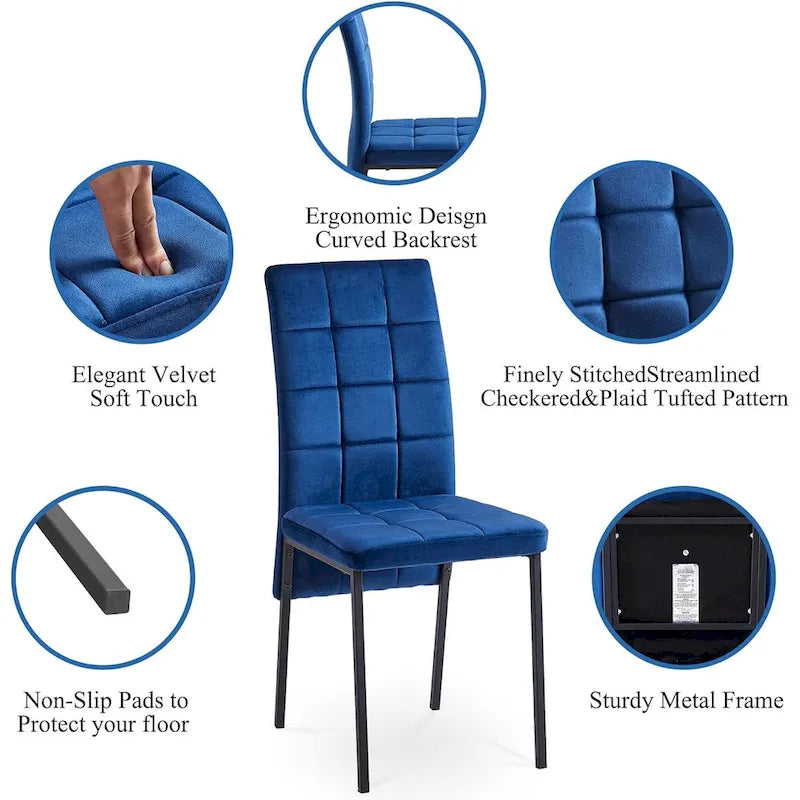 Chaise de salle à manger capitonnée en velours, dossier haut, sans accoudoirs, avec pieds en métal