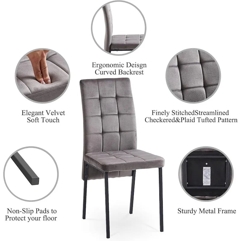 Chaise de salle à manger capitonnée en velours, dossier haut, sans accoudoirs, avec pieds en métal