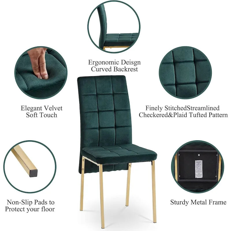 Chaise de salle à manger capitonnée en velours, dossier haut, sans accoudoirs, avec pieds en métal