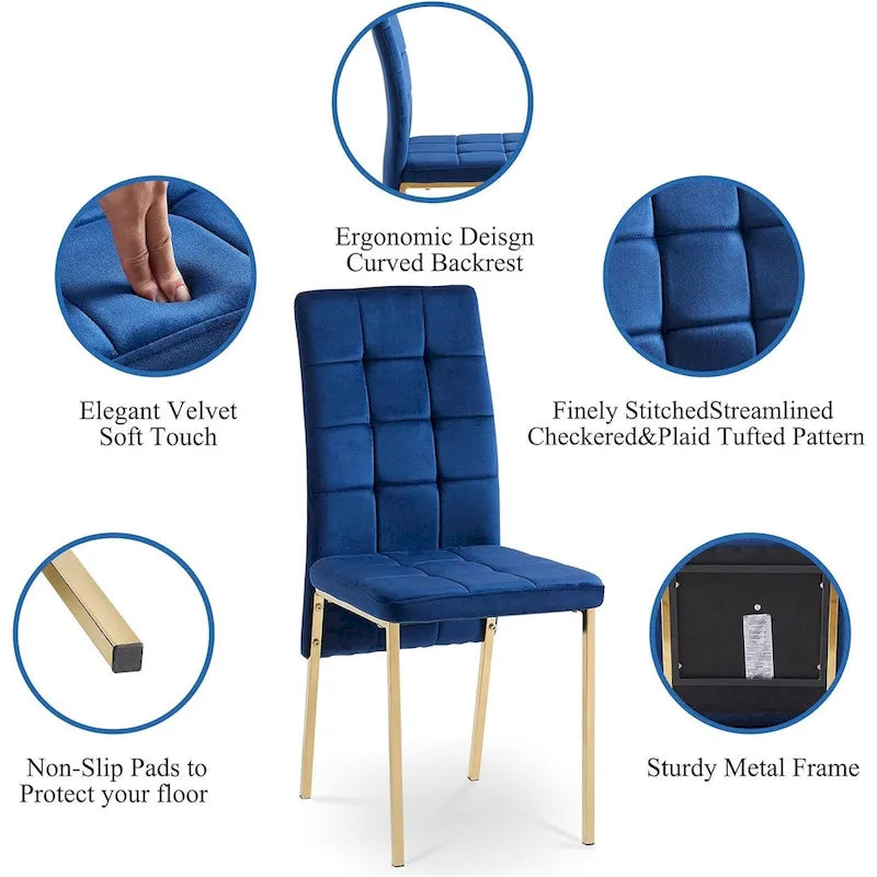 Chaise de salle à manger capitonnée en velours, dossier haut, sans accoudoirs, avec pieds en métal
