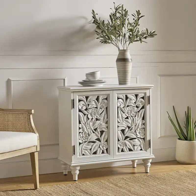 Meuble d'appoint à 2 portes sculptées fleuries avec éclairage LED et finition bleue vieillie