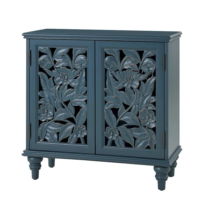 Meuble d'appoint à 2 portes sculptées fleuries avec éclairage LED et finition bleue vieillie