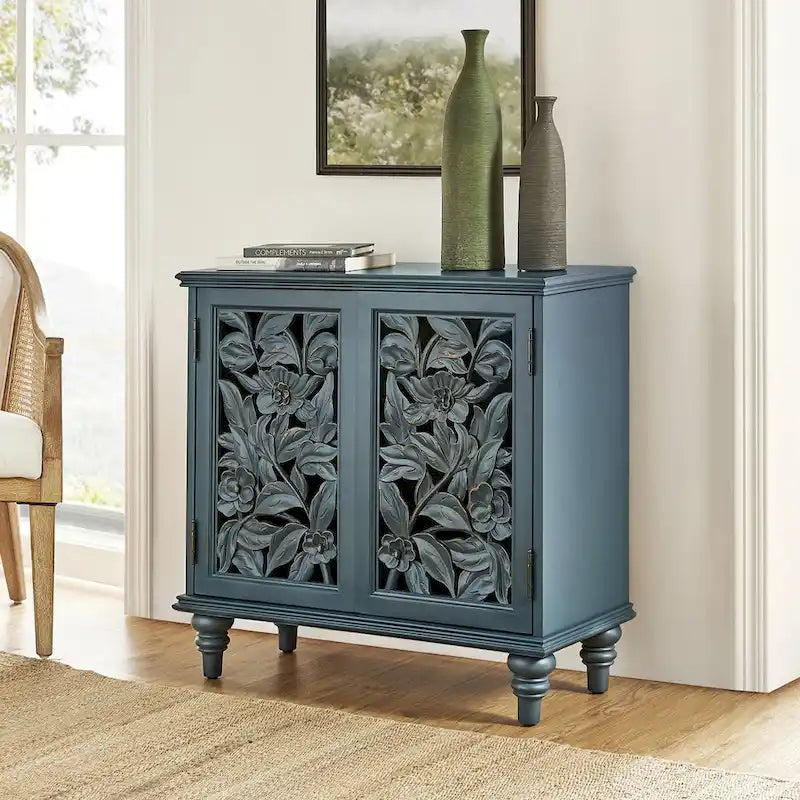 Meuble d'appoint à 2 portes sculptées fleuries avec éclairage LED et finition bleue vieillie