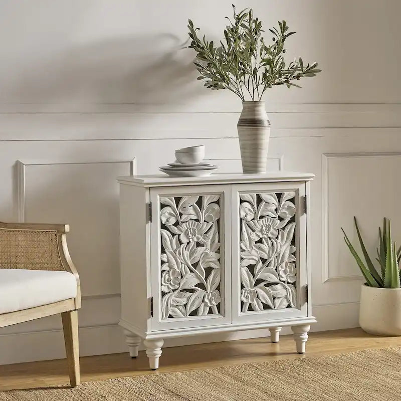 Meuble d'appoint à 2 portes sculptées fleuries avec éclairage LED et finition bleue vieillie