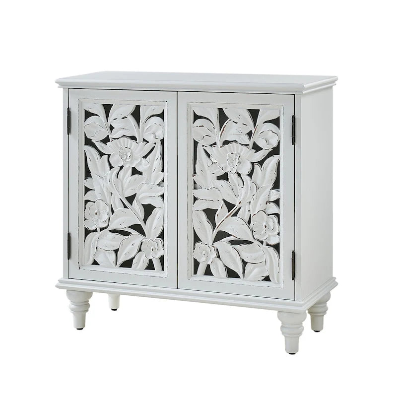 Meuble d'appoint à 2 portes sculptées fleuries avec éclairage LED et finition bleue vieillie