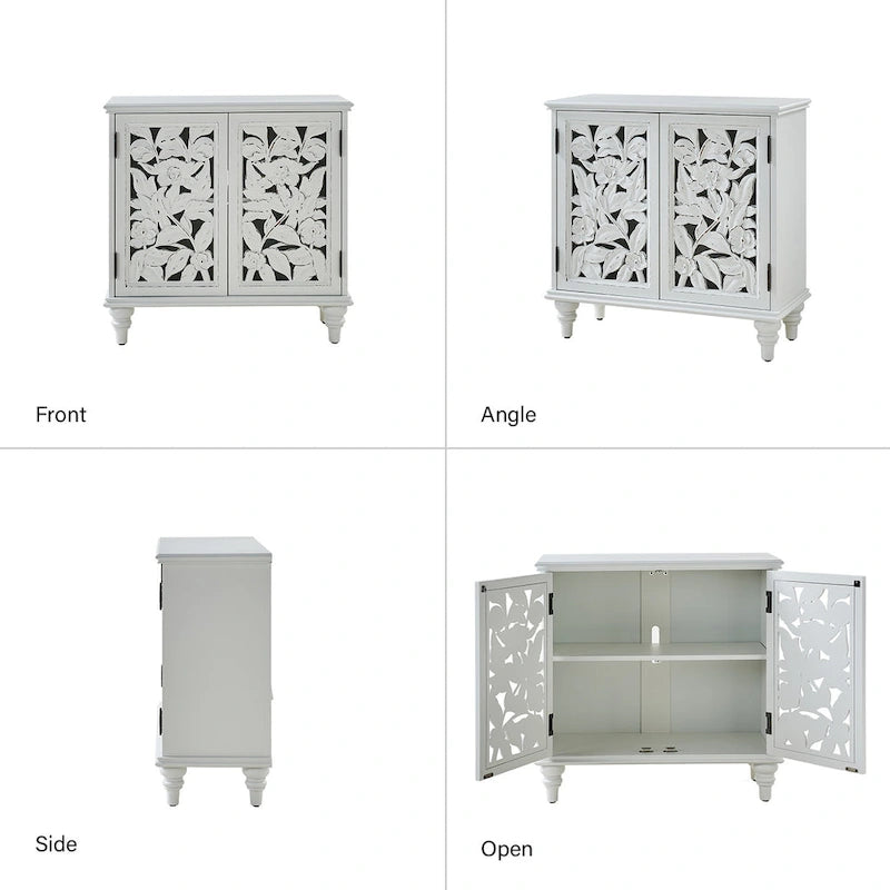 Meuble d'appoint à 2 portes sculptées fleuries avec éclairage LED et finition bleue vieillie