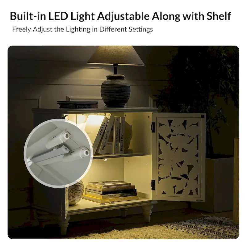Meuble d'appoint à 2 portes sculptées fleuries avec éclairage LED et finition bleue vieillie