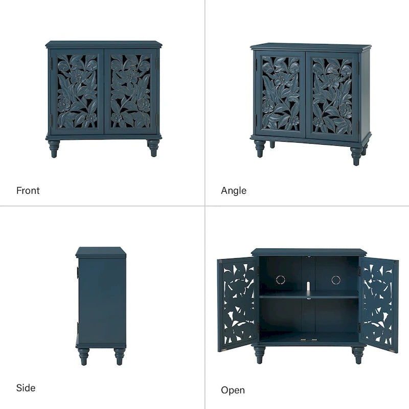 Meuble d'appoint à 2 portes sculptées fleuries avec éclairage LED et finition bleue vieillie