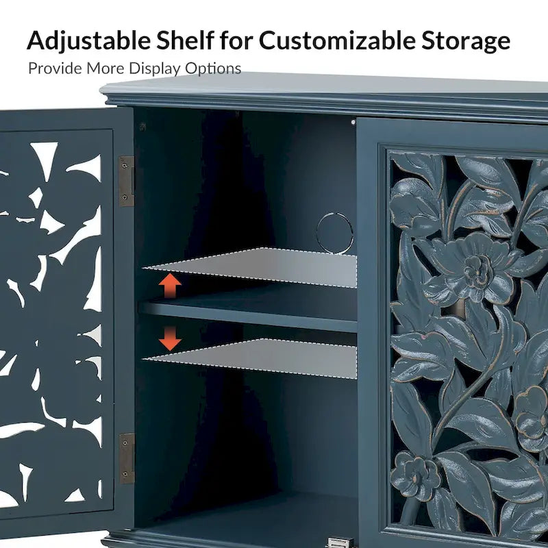 Meuble d'appoint à 2 portes sculptées fleuries avec éclairage LED et finition bleue vieillie