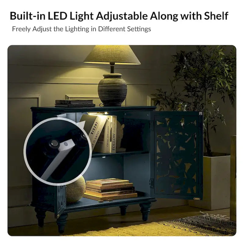 Meuble d'appoint à 2 portes sculptées fleuries avec éclairage LED et finition bleue vieillie